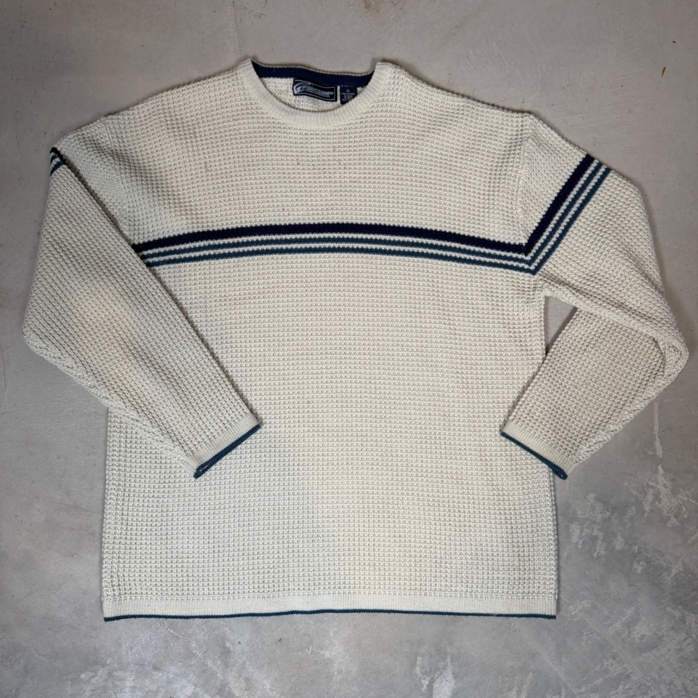 Point Zero Mens XL Vintage Waffle Knit Sweater Cream Navy Blue Striped Retro 90s